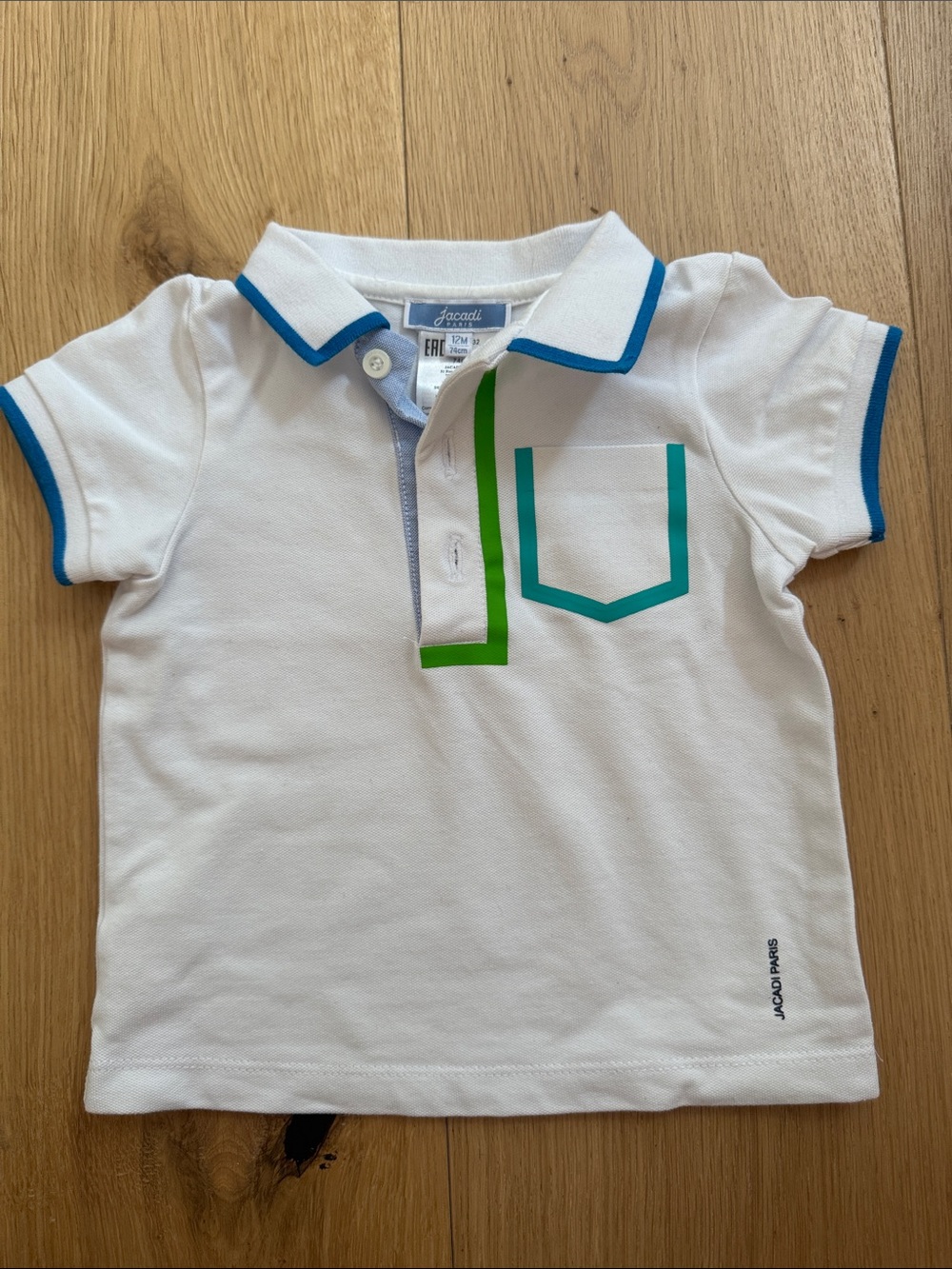 Jacadi White Polo Shirt with Blue Trim and Green Detail